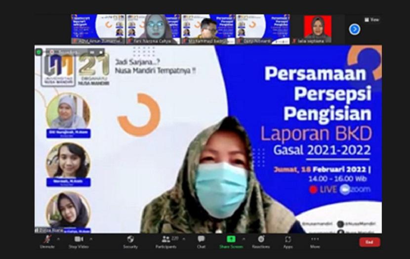 Dalam menyiapkan semester genap 2021/2022, Universitas Nusa Mandiri (UNM) mengadakan persamaan persepsi pelaporan BKD (Beban Kerja Dosen) yang dilaksanakan secara daring, Jumat (18/2).