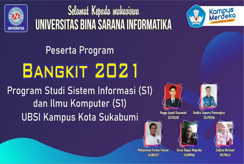 Dalam pelantikan kelulusan Program Bangkit 2021, kelima mahasiswa Universitas BSI kampus Sukabumi lulus dengan nilai sangat memuaskan hanya dalam waktu empat bulan.