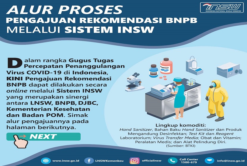 Dalam rangka Gugus Tugas Percepatan Penanggulangan Coronavirus Disease 2019 (Covid-19) di Indonesia, kini pengajuan rekomendasi Badan Nasional Penanggulangan Bencana (BNPB) yang terdiri dari pengecualian ketentuan tata niaga impor dan pemberian fasilitas fiskal dapat dilakukan secara online melalui sistem Indonesia National Single Window (INSW)