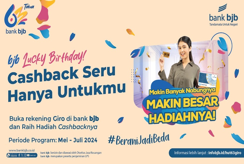 Dalam rangka memperingati hari ulang tahun yang ke-63, bank bjb menggelar program promosi spesial bertajuk bjb Lucky Birthday 2024 untuk produk giro. 