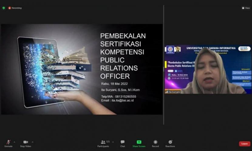 Dalam rangka meningkatkan kompetensi mahasiswa di bidang Public Relations Officer, Program Studi (Prodi) Hubungan Masyarakat (Humas) Universitas BSI (Bina Sarana Informatika), adakan pembekalan sertifikasi kompetensi (serkom) skema Public Relations Officer.
