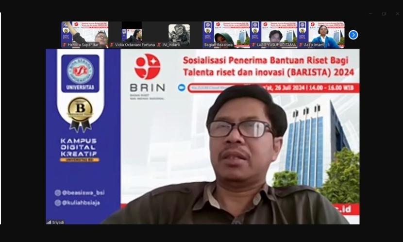 Dalam rangka menyalurkan talenta riset dan inovasi, tim beasiswa Universitas BSI (Bina Sarana Informatika) mengadakan Sosialisasi Bantuan Riset Bagi Talenta Riset Dan Inovasi (BARISTA) Tahun 2024 berlangsung secara virtual melalui zoom meeting pada Jumat 26 Juli 2024 pukul 14.00 hingga selesai.