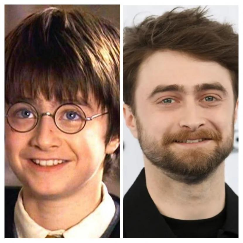 Aktor Daniel Radcliffe (kanan) dan dirinya ketika memerankan Harry Potter di usia remaja (kiri).