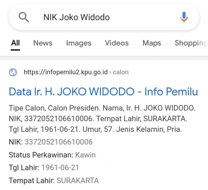 Data pribadi Presiden Joko Widodo (Jokowi) bisa diakses di lama KPU dan tersebar di dunia maya.