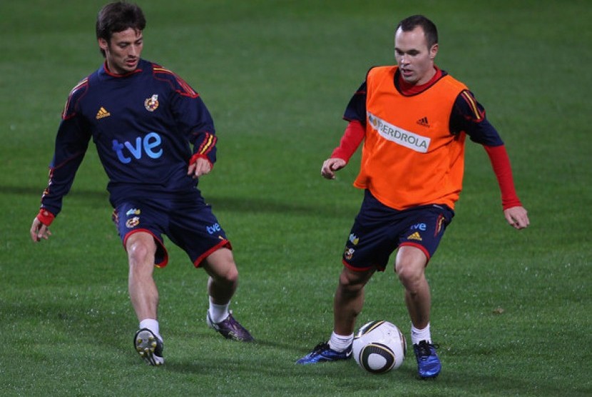 David Silva dan Andres Iniesta saat berlatih bersama timnas Spanyol