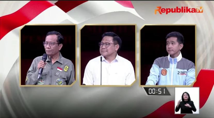 Debat cawapres antara Abdul Muhaimin Iskandar, Gibran Rakabuming Raka, dan Mahfud MD.