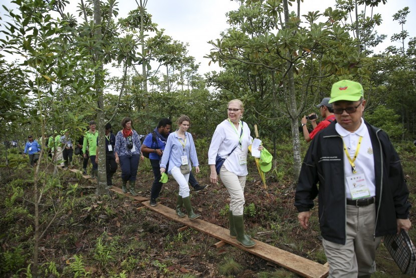 Delegasi The First Asia Bonn Challenge High Level Roundtable Meeting mengunjungi Kebun Plasma Nutfah dan Demonstrasi Plot Restorasi Hutan Rawa Gambut Bekas Kebakaran di Desa sepucuk, Ogan Komering Ilir (OKI), Sumsel, Selasa (9/5).