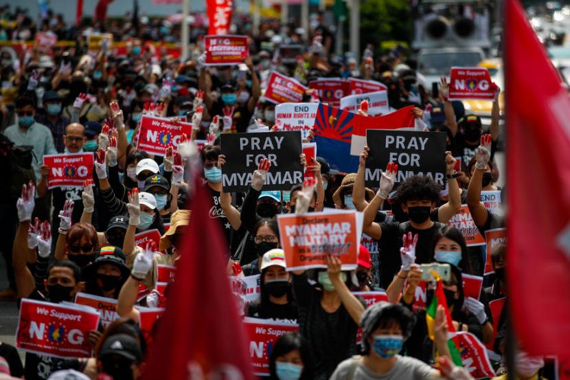 Demonstrasi di Taiwan pada Ahad (2/5) menentang kudeta militer di Myanmar.