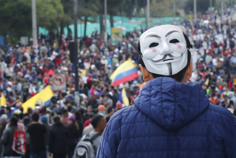 Demonstrasi menentang Presiden Ekuador Lenin Moreno di Quito, Ekuador, Selasa (8/10).