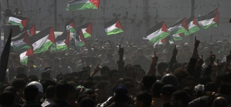 Demonstrators wave Palestinian flags during a rally on 