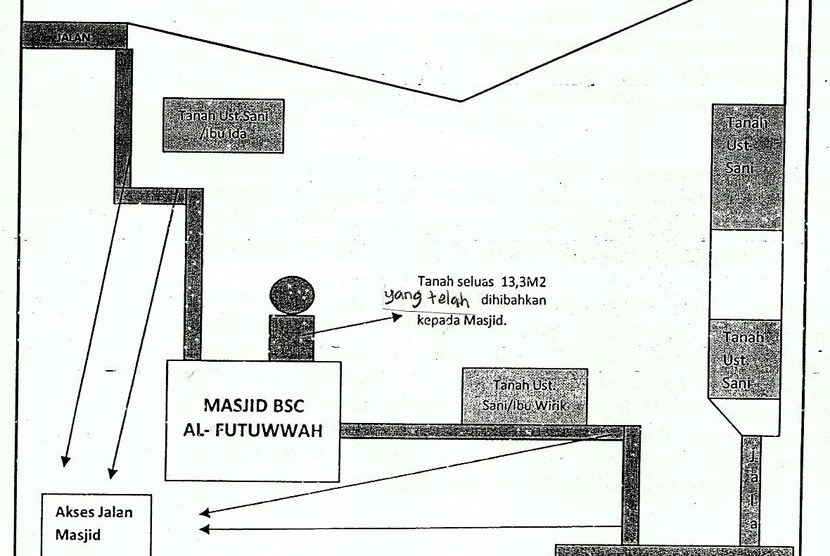Denah lokasi Masjid Al-Futuwwah di daerah Kemang. Denah menunjukkan adanya akses jalan menuju masjid, baik dari bagian depan atau belakang 
