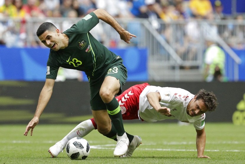 Denmark bermain imbang 1-1 dengan Australia pada pertandingan grup C Piala Dunia 2018 di Samara Arena, Kamis (21/6).