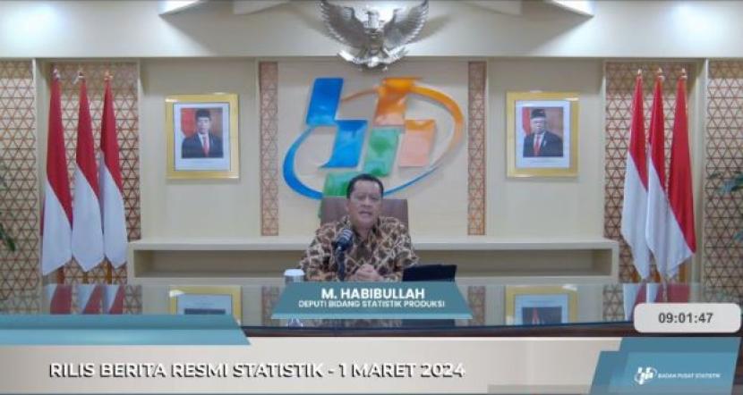 Deputi Bidang Statistik Produksi BPS M. Habibullah melaporkan Perkembangan Indeks Harga Konsumen Februari 2024 di Jakarta, Jumat (1/3/2024).