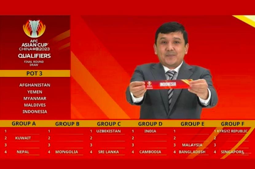 Deputi Direktur Divisi Kompetisi & Event Sepak Bola AFC Avazbek Berdikulov mengangkat kertas hasil undian Indonesia dalam pembagian grup babak ketiga Kualifikasi Piala Asia 2023 yang dilangsungkan Kamis (24/2/2022). 