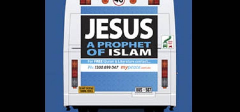 Desain iklan Yesus Nabi Islam di belakang bus kota