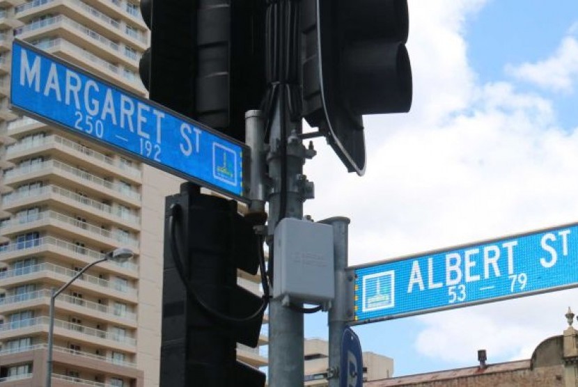 Di pojokan jalanan Margaret Street dan Albert Street di pusat kota Brisbane CBD.