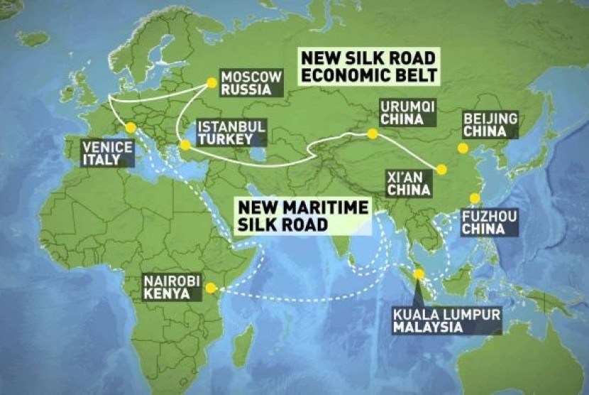Diagram Rencana Cina untuk Jalur Sutra yang baru dengan nama Belt and Road Initiatives. 