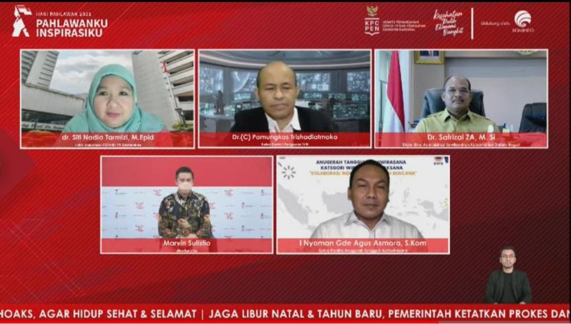 Dialog Produktif Media Center Forum Merdeka Barat 9 (FMB 9)-KPCPEN dengan tema ' Kolaborasi dan Inovasi Kunci Indonesia Tangguh Bencana', Selasa (9/11).             