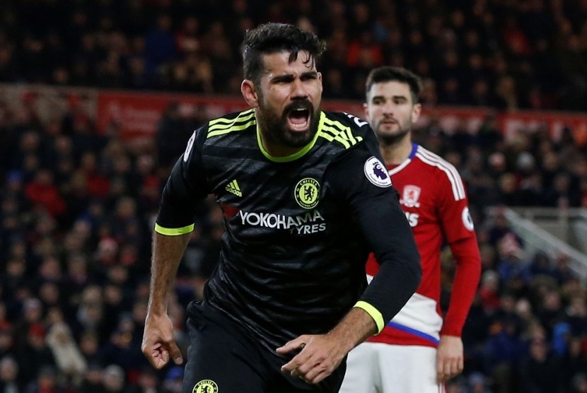 Diego Costa merayakan golnya ke gawang Middlesbrough.