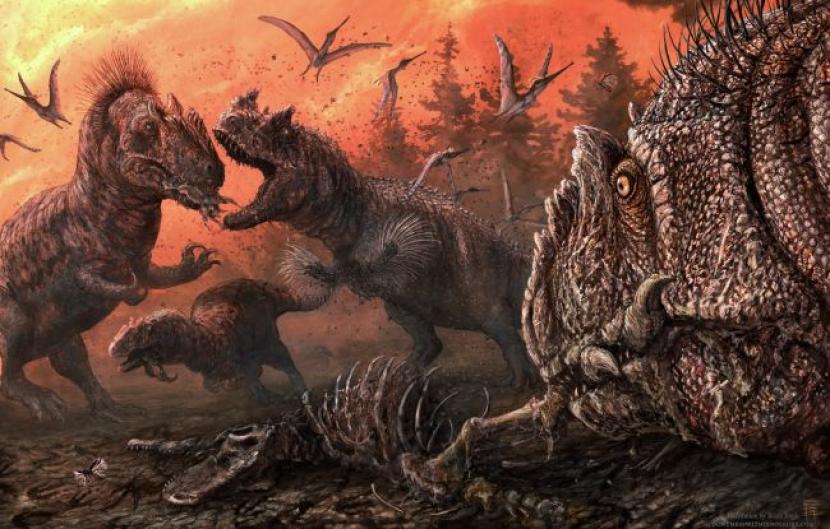 Dinosaurus theropoda (sekelompok besar karnivora bipedal) kerap kali melakukan tindak kanibalisme ketika makanan langka. ilustrasi