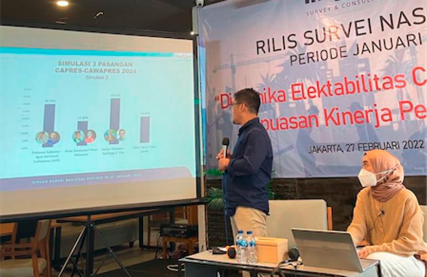 Direktur Eksekutif Indopol Survey, Ratno Sulistiyanto memaparkan hasil survei mereka, Ahad (27/2/2022).