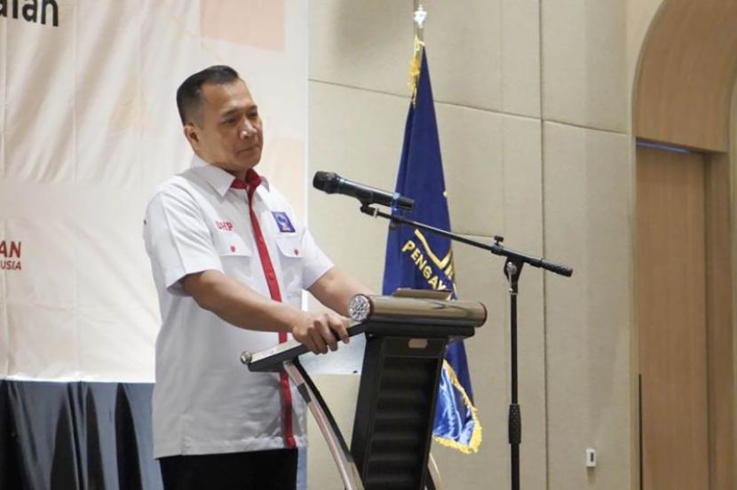 Direktur Jenderal HAM Kemenkumham Dhahana Putra pada saat memberikan pengarahan dalam Pencanangan Pelayanan Publik Berbasis HAM di Kota Malang, Jawa Timur, Kamis (8/6/2023).