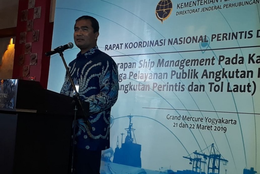 Direktur Jenderal Perhubungan Laut R Agus H Purnomo saat memberikan pengarahan pada Rapat Koordinasi Nasional (Rakornas) Angkutan Perintis dan Tol Laut Tahun Anggaran 2019 di Yogyakarta, Kamis (21/3).