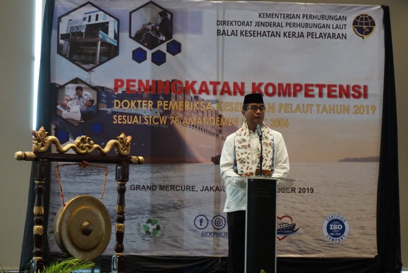 Direktur Jenderal Perhubungan Laut R. Agus H Purnomo saat membuka kegiatan Peningkatan Kompetensi Dokter Pemeriksa Kesehatan Pelaut Tahun 2019 yang diselenggarakan oleh Balai Kesehatan Kerja Pelayaran (BKKP) di Jakarta.