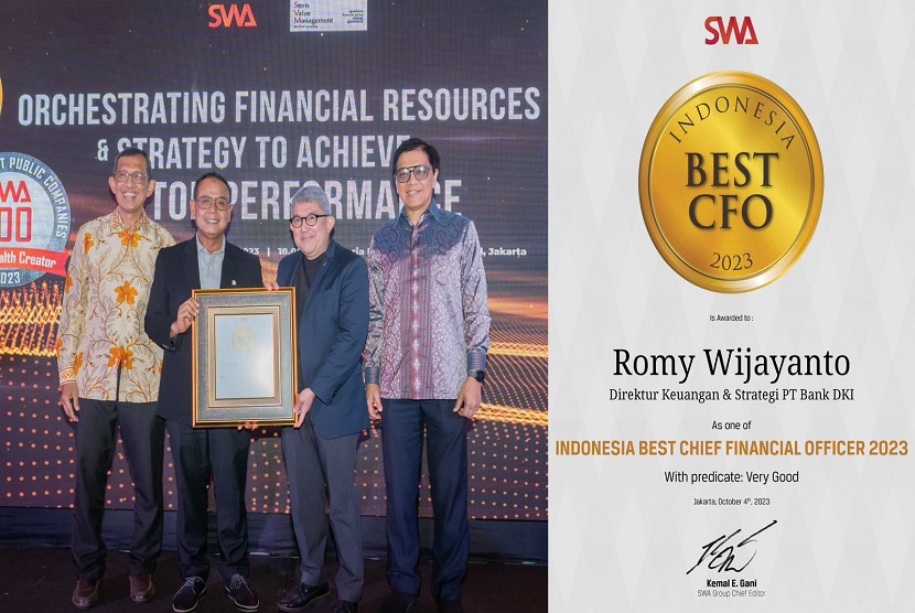 Direktur Keuangan & Strategi Bank DKI, Romy Wijayanto meraih penghargaan sebagai Indonesia Best CFO 2023 with Predicate: Very Good, bersama 10 (sepuluh) Direktur Keuangan/Chief Financial Officer (CFO) lainnya dari berbagai industri. Predikat tersebut diberikan oleh SWA Media Group bekerjasama dengan SWA Network pada ajang SWA Indonesia Best CFO 2023, yang digelar di Jakarta pada Rabu (04/10). 