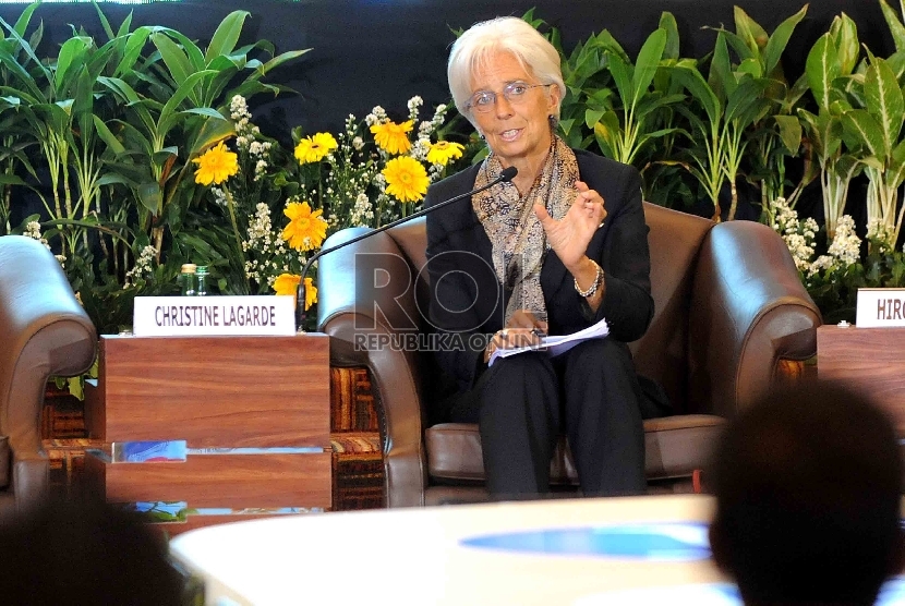 Direktur Pelaksana Dana Moneter Internasional (IMF) Christine Lagarde memberikan pengarahan saat konferensi internasional bertajuk Future of Asia's Finance: Financing For Development 2015 di Jakarta, Rabu (2/9).