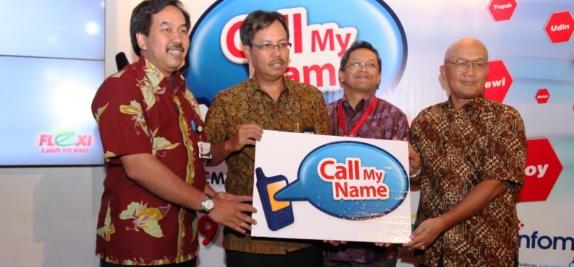 Direktur Utama Infomedia Nusantara Muhammad Awaluddin, Executive GM Telkom Flexi Mas’ud Hamid, VP Digital Music & Content Management Telkomsel Krish Pribadi, dan Direktur Mitra Global Komunikasi R. Mahmur Suriadireja meluncurkan inovasi layanan Call My Nam