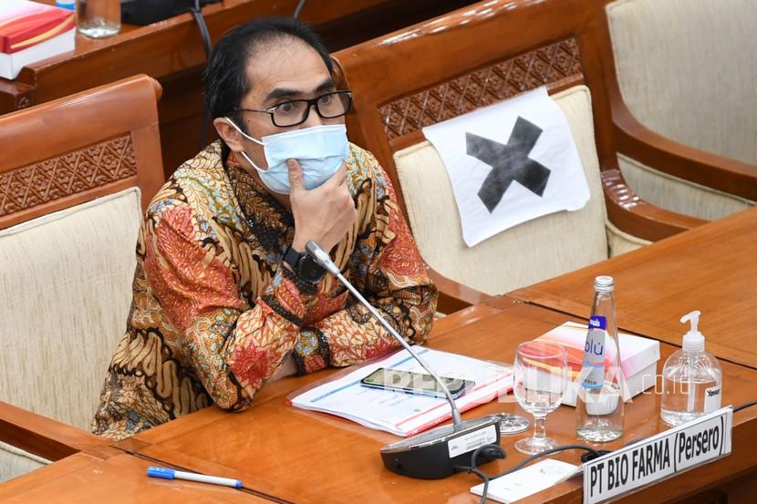 Direktur Utama PT Bio Farma (Persero) Honesti Basyir mengikuti rapat dengar pendapat dengan Komisi VI DPR, di Kompleks Parlemen Senayan, Jakarta.