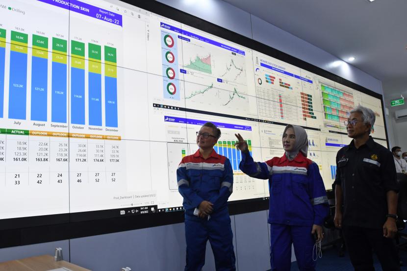 Direktur Utama PT Pertamina (Persero) Nicke Widyawati (tengah) bersama Kepala SKK Migas Dwi Soetjipto (kanan) dan Direktur Utama Pertamina Hulu Rokan (PHR) Jaffee A Suardin (kiri) mengamati informasi pada layar digital usai meresmikan Pusat Digitalisasi dan Inovasi (DICE) di Rumbai Country Club PT PHR, Pekanbaru, Riau, Senin (8/8/2022). PHR menjadikan DICE sebagai fasilitas pusat kendali operasional dan 