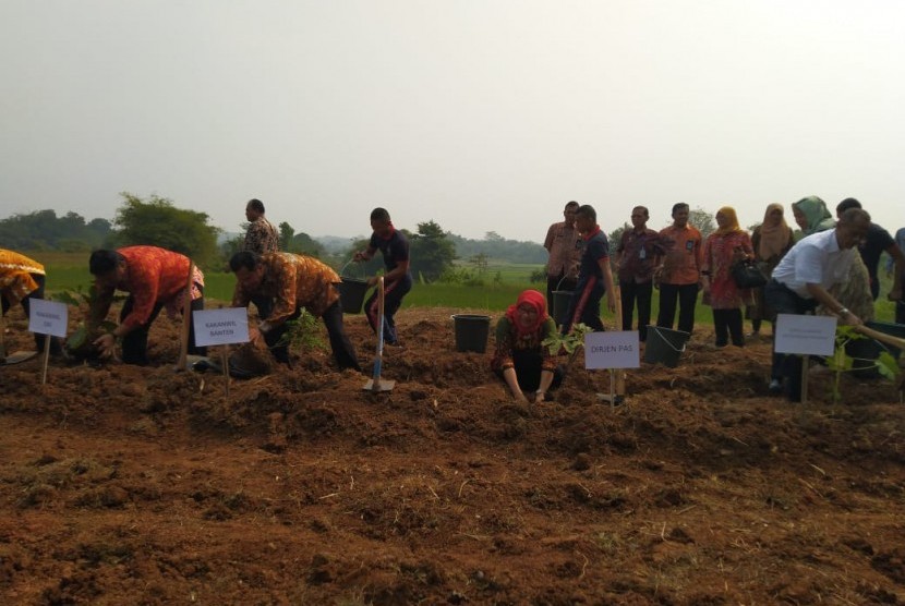 Dirjen Pemasyarakatan Sri Puguh Budi Utami bersama Kepala Badan Ketahanan Pangan Agung Hendriadi, melakukan penanaman tanaman pertama di lahan Permukiman Pemasyarakatan Ciangir, Kabupaten Tangerang, Banten, yang akan menjadi Lapas Minimum Security, Jumat (28/6). 