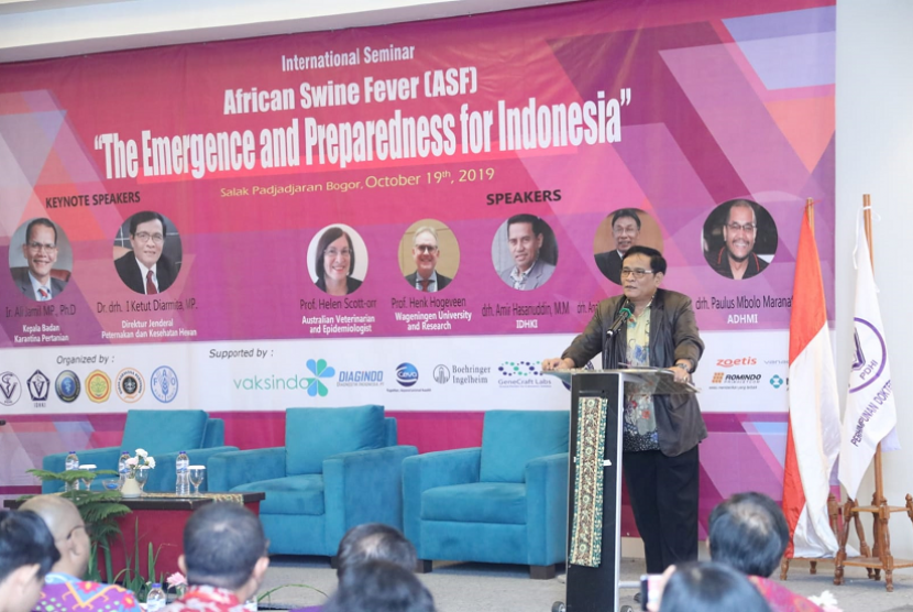 Dirjen Peternakan dan Kesehatan Hewan Kementan I Ketut Diarmita, saat menjadi keynote speech Seminar International African Swine Fever (ASF) di Bogor (19/10).
