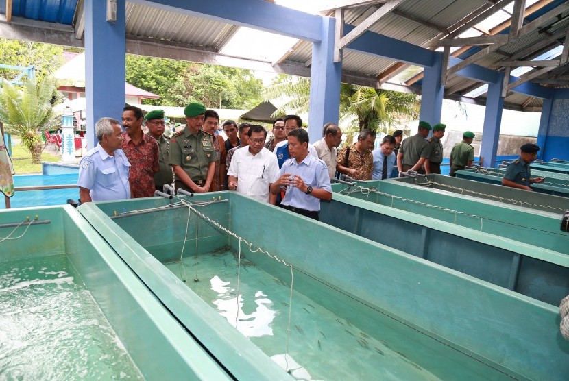 Dirut BRI Asmawi Syam dan Pangdam XVI/Pattimura Mayjen (TNI) Doni Monardo saat meninjau lokasi pelatihan budi daya ikan laut di Ambon, Maluku.