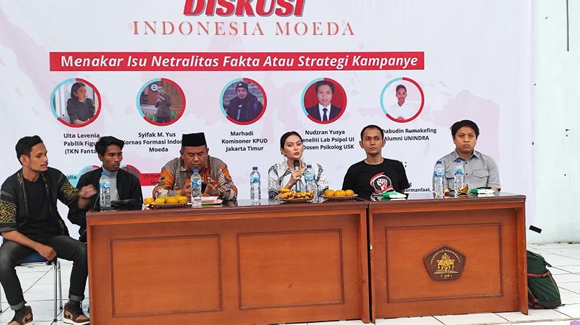Diskusi publik bertajuk menakar isu Netralitas, fakta atau strategi kampanye yang digelar Formasi Indonesia Moeda di Gedung Aula PGRI Kampus A Unindra, Jakarta Selatan, Selasa (22/11/2023).