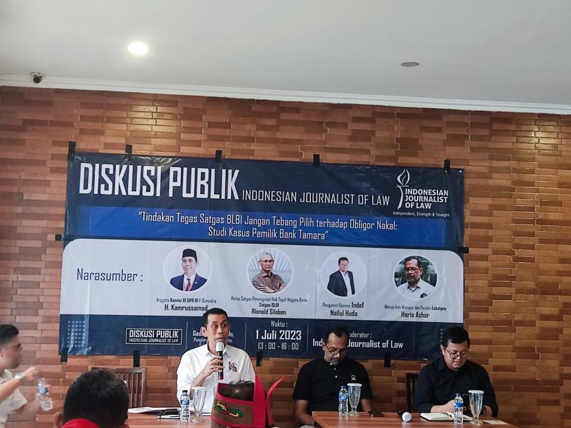 Diskusi publik tentang Satgas BLBI yang diadakan Indonesian Journalist of Law di Jakarta Selatan, Sabtu (1/7/2023).