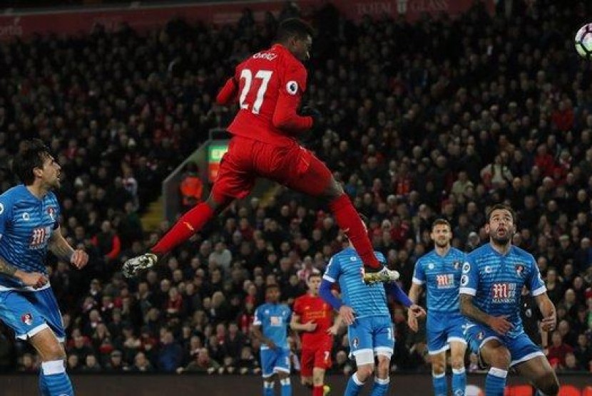 Divock Origi membuat gol pada menit ke 59 pertandingan Liverpool vs Bournemouth, Kamis (6/4) dini hari.