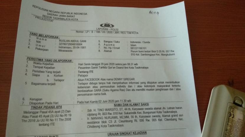 Dokumen pelaporan massa aksi terhadap pernyataan Denny Siregar ke Polresta Tasikmalaya. 