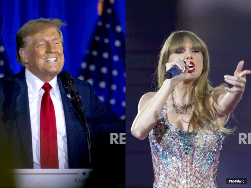 Donald Trump (kiri) dan Taylor Swift (kanan). Donald trump menulis I Hate Taylor Swift setelah penyanyi tersebut mendukung Kamala Harris sebagai calon presiden AS dari Partai Demokrat.