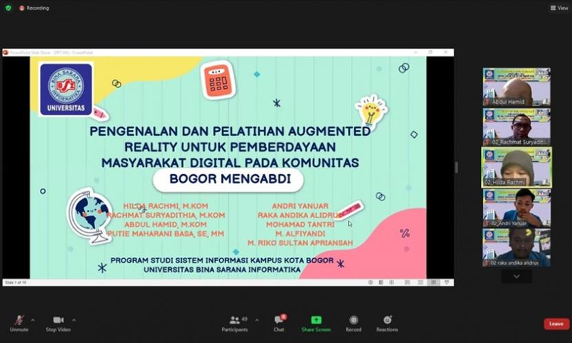 Dosen Universitas BSI (Bina Sarana Informatika) berikan pemahaman teknologi Augmented Reality (AR) pada Komunitas Bogor, yang digelar secara daring, Ahad (6/3/2022).