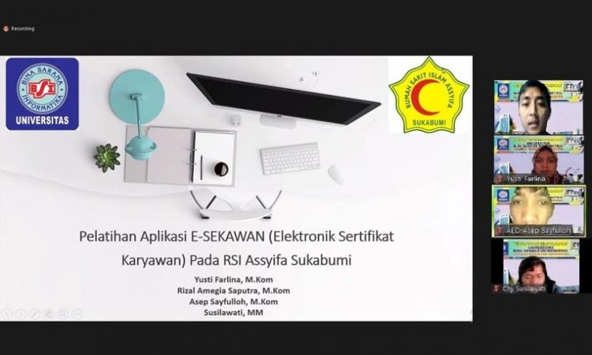 Dosen Universitas BSI kampus Sukabumi memberikan pelatihan berupa penggunaan aplikasi E-Sekawan (Elektronik Sertifikat Karyawan) secara daring, pada Sabtu dan Minggu, 13-14 November 2021. Kegiatan ini ditujukan untuk perawat dan bidan Rumah Sakit (RS) Islam Assyifa kota Sukabumi.
