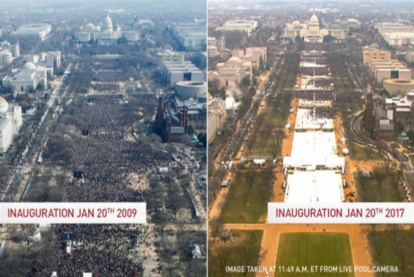 Dua foto perbandingan antusiasme publik Amerika Serikat (AS) saat Barrack Obama mengucapkan sumpah jabatan Presiden AS pada 20 Januari 2009 dengan momen yang sama bagi Presiden Donald Trump. 