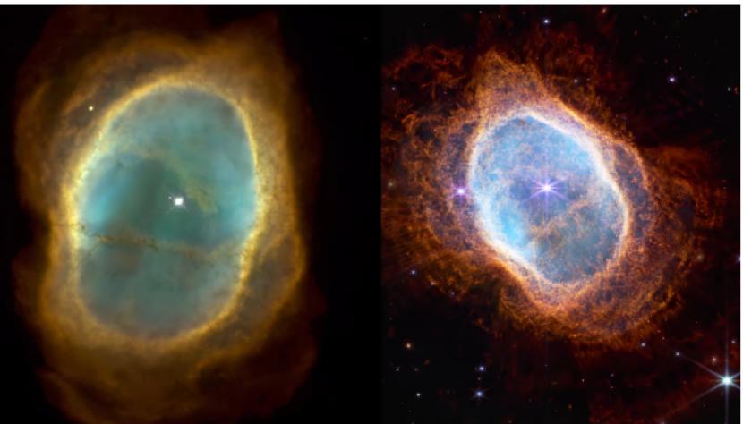 Dua gambar Nebula Cincin Selatan. Foto kanan dihasilkan oleh teleskop James Webb, sebelah kiri diamati dengan teleskop Hubble.