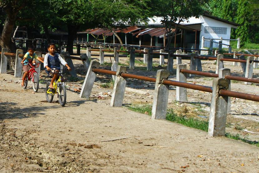 Dua orang anak mengendarai sepeda di tempat penambatan sapi di pasar hewan yang ditutup (ilustrasi). 