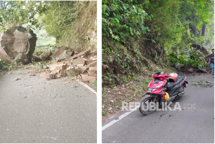 Dua pengendara motor tertimpa material batu berdiameter 1,5 meter yang longsor dari sebuah tebing di Ponorogo, Jawa Timur, Ahad (22/6/2025).