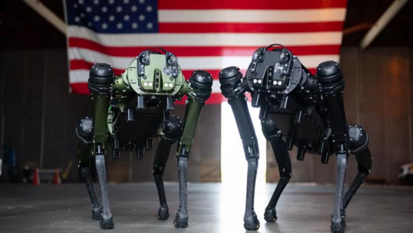 Dua robot anjing milik Ghost Robotics Vision 60 Quadruped Unmanned Ground Vehicles (Q-UGVs) diperlihatkan di Cape Canaveral Space Force Station, Florida, AS, 28 Juli 2022.