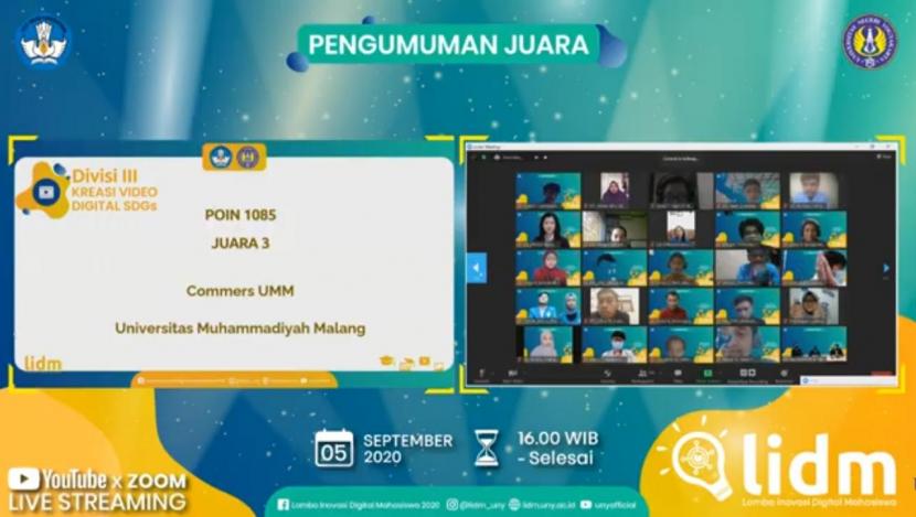 Dua tim Universitas Muhammadiyah Malang (UMM) berhasil menyabet dua gelar bergengsi dalam Lomba Inovasi Digital Mahasiswa (LIDM) 2020 yang diadakan Pusat Prestasi Nasional Kementerian Pendidikan dan Kebudayaan (Kemendikbud) RI. 