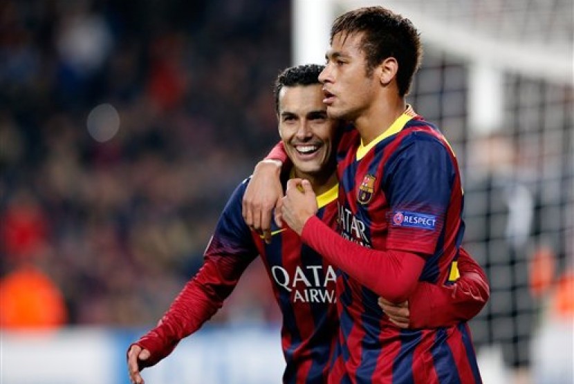 Duo Barcelona, Pedro (kiri) dan Neymar merayakan gol ke gawang Celtic di Liga Champions.